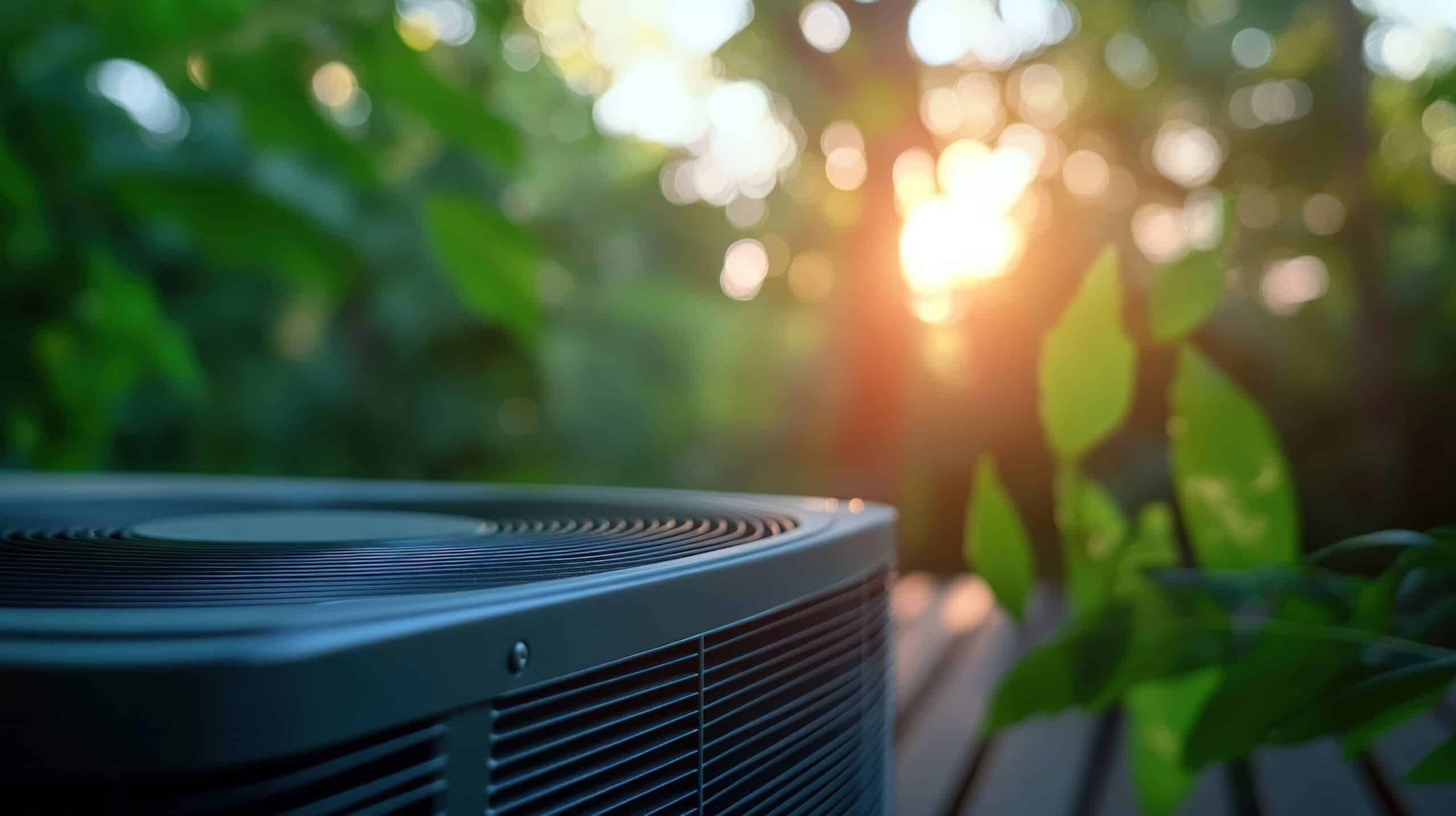 Close-up of an air conditioning unit outdoors, surrounded by vibrant green foliage during sunset.