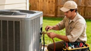 Repairman in a baseball cap kneels on grass to inspect the brass manifold of a large gray HVAC compressor outside a suburban home.