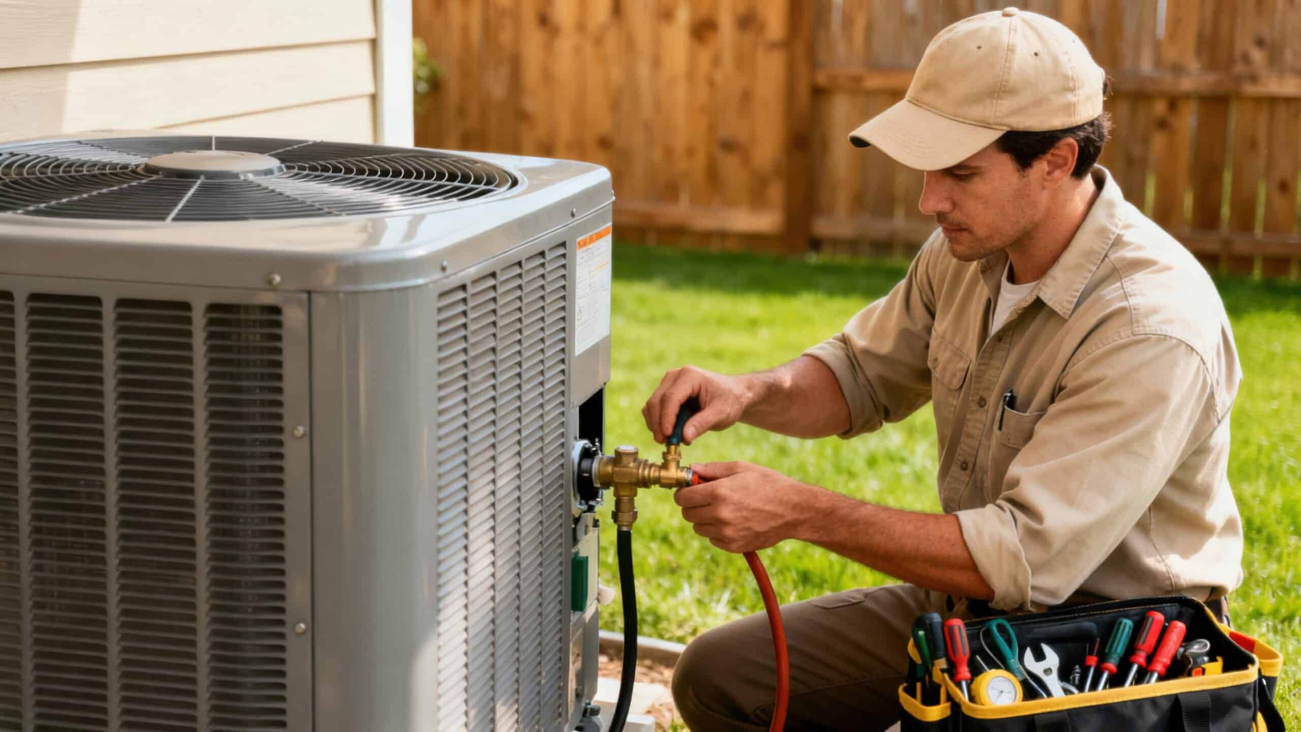 Repairman in a baseball cap kneels on grass to inspect the brass manifold of a large gray HVAC compressor outside a suburban home.