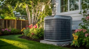 Residential central air conditioning unit operating outdoors in a backyard garden setting.