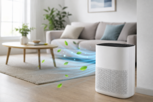 Modern living room with an air purifier circulating clean air to improve indoor air quality.