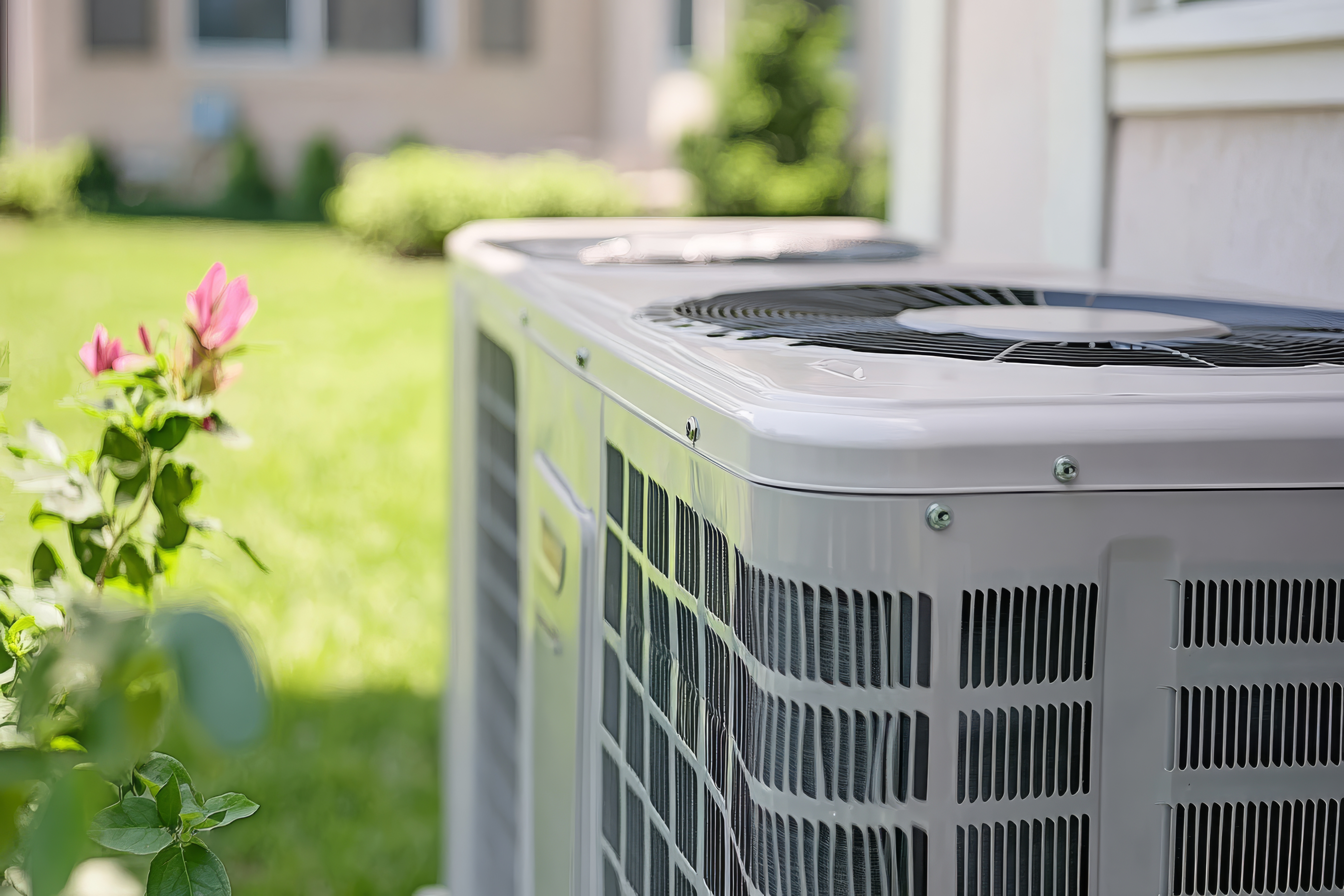 Two HVAC units side by side in the backyard of a modern home