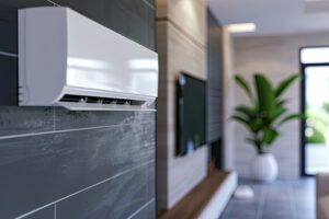 Air conditioner mounted on a wall in a living room