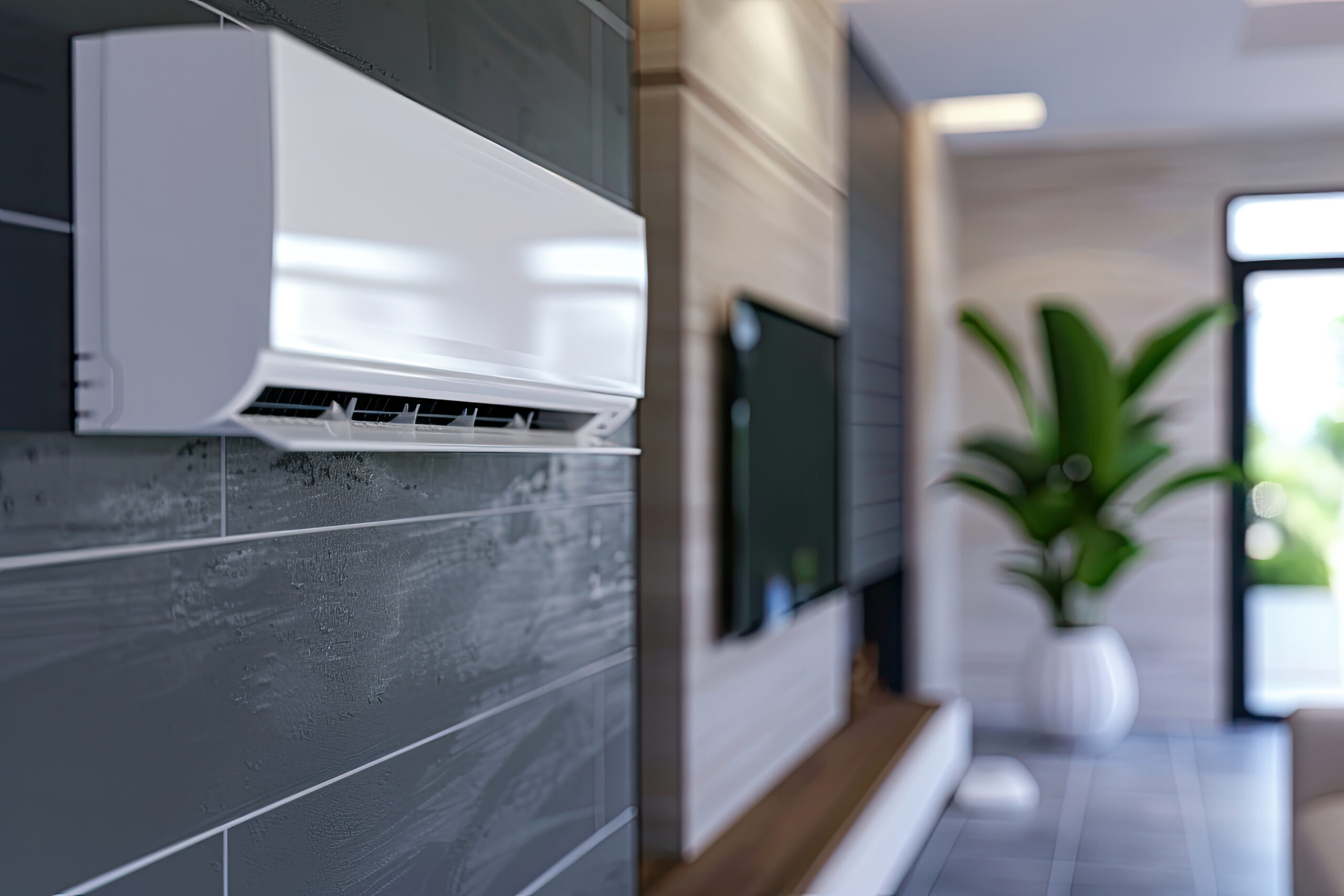 Air conditioner mounted on a wall in a living room